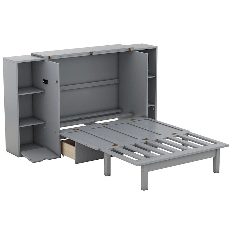 Letto a scomparsa Queen Size con mensole, cassetti e porte USB, salvaspazio