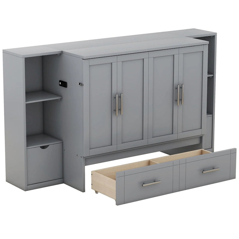 Letto a scomparsa Queen Size con mensole, cassetti e porte USB, salvaspazio