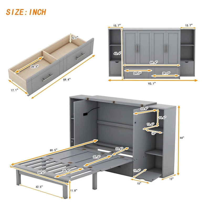 Letto a scomparsa Queen Size con mensole, cassetti e porte USB, salvaspazio