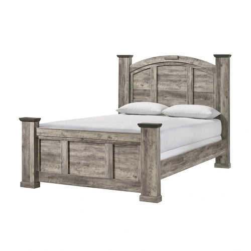 Set Camera da letto 3 pezzi con pannello rustico grigio (Letto, Comò, Comodino)