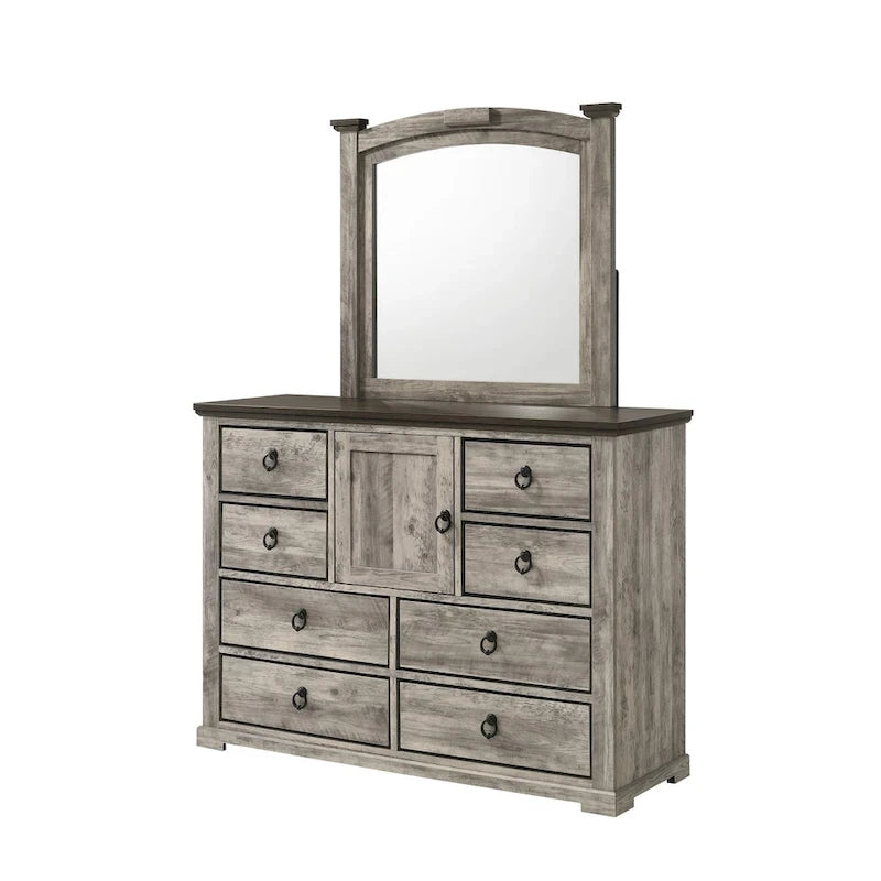 Set Camera da letto 3 pezzi con pannello rustico grigio (Letto, Comò, Comodino)