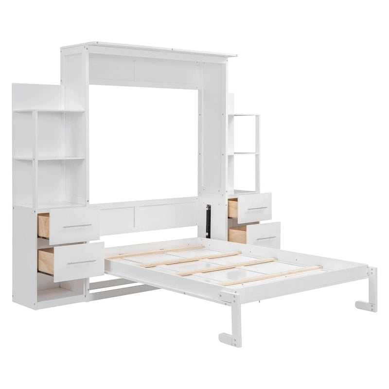 Letto a scomparsa matrimoniale con mensole, cassetti e luci LED, per ragazze ragazzi adolescenti, senza bisogno di rete a doghe/materasso a molle