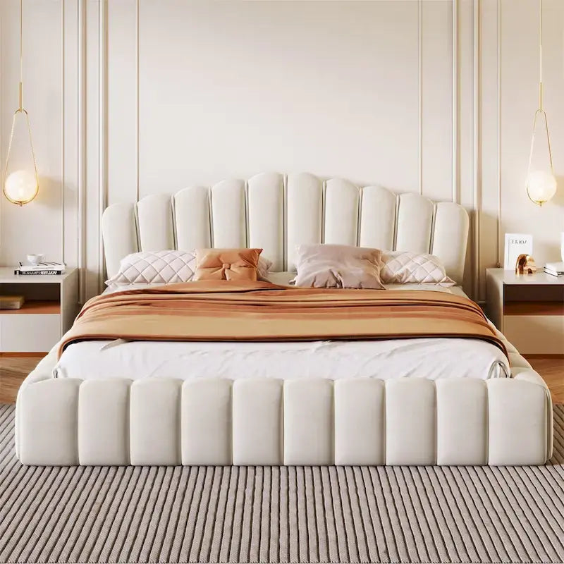 Letto matrimoniale in velluto imbottito a pavimento, profilo basso, moderno per camera da letto