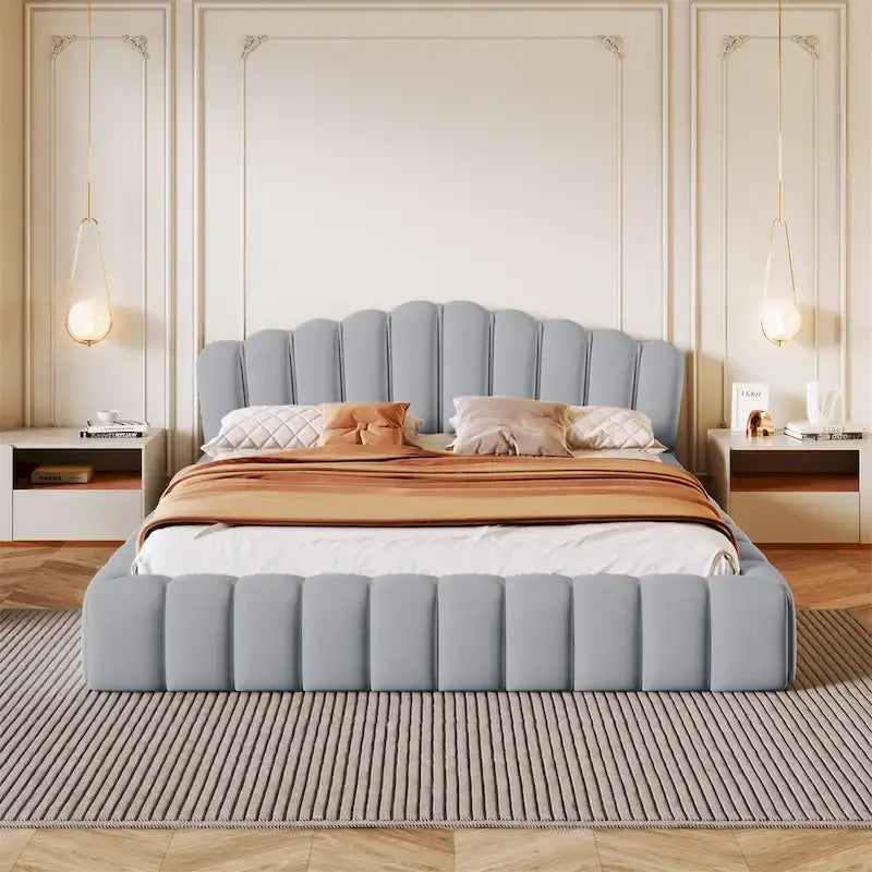 Letto matrimoniale in velluto imbottito a pavimento, profilo basso, moderno per camera da letto
