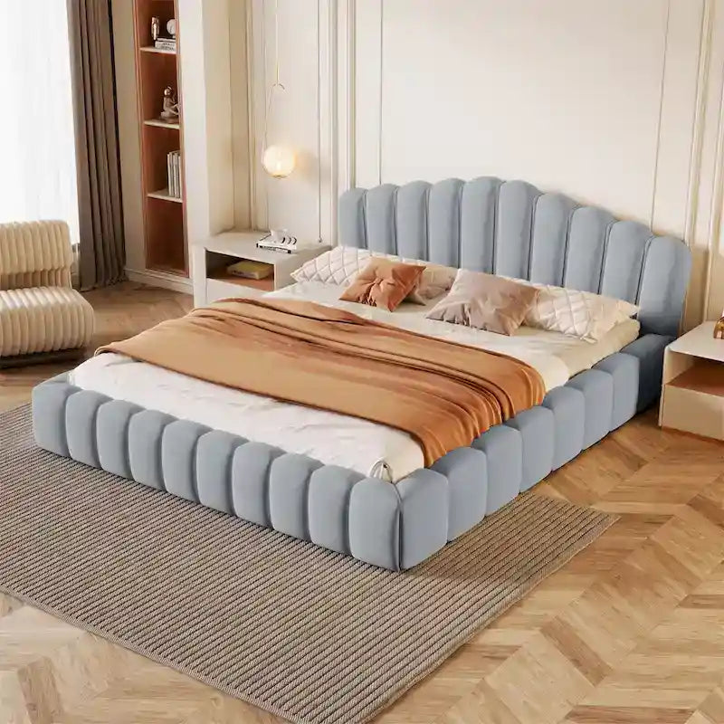 Letto matrimoniale in velluto imbottito a pavimento, profilo basso, moderno per camera da letto