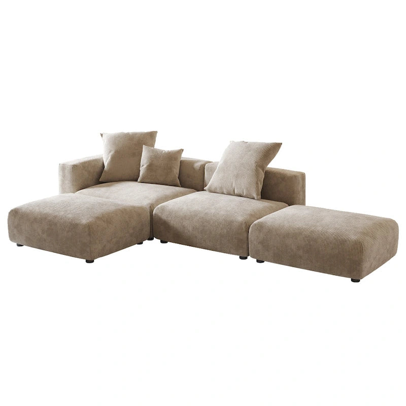 Divano Sezionale Modulare a L Rivestito in Velluto a Coste con Chaise Longue Ottomano e 3 Cuscini