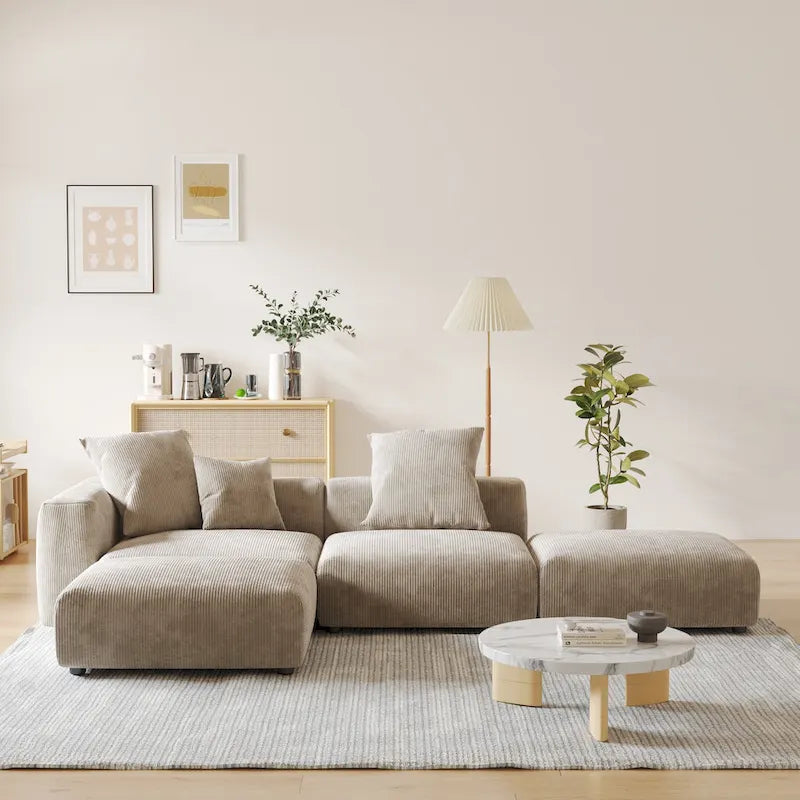 Divano Sezionale Modulare a L Rivestito in Velluto a Coste con Chaise Longue Ottomano e 3 Cuscini