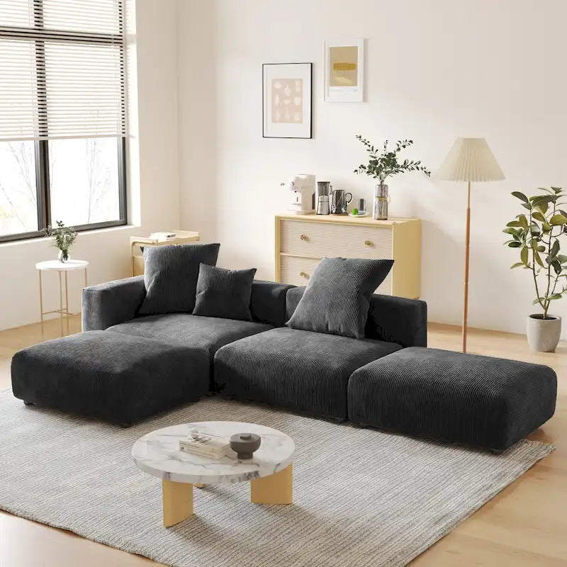 Divano Sezionale Modulare a L Rivestito in Velluto a Coste con Chaise Longue Ottomano e 3 Cuscini