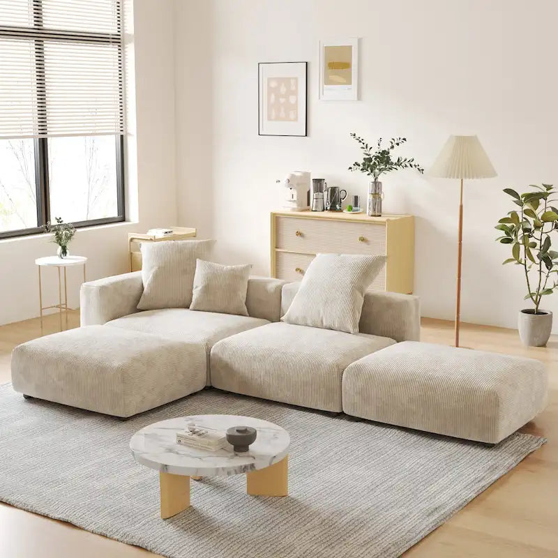 Divano Sezionale Modulare a L Rivestito in Velluto a Coste con Chaise Longue Ottomano e 3 Cuscini