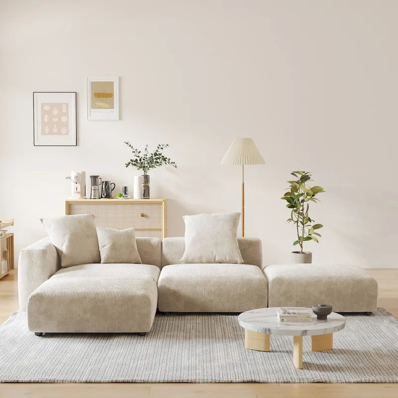 Divano Sezionale Modulare a L Rivestito in Velluto a Coste con Chaise Longue Ottomano e 3 Cuscini