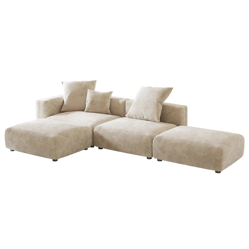 Divano Sezionale Modulare a L Rivestito in Velluto a Coste con Chaise Longue Ottomano e 3 Cuscini