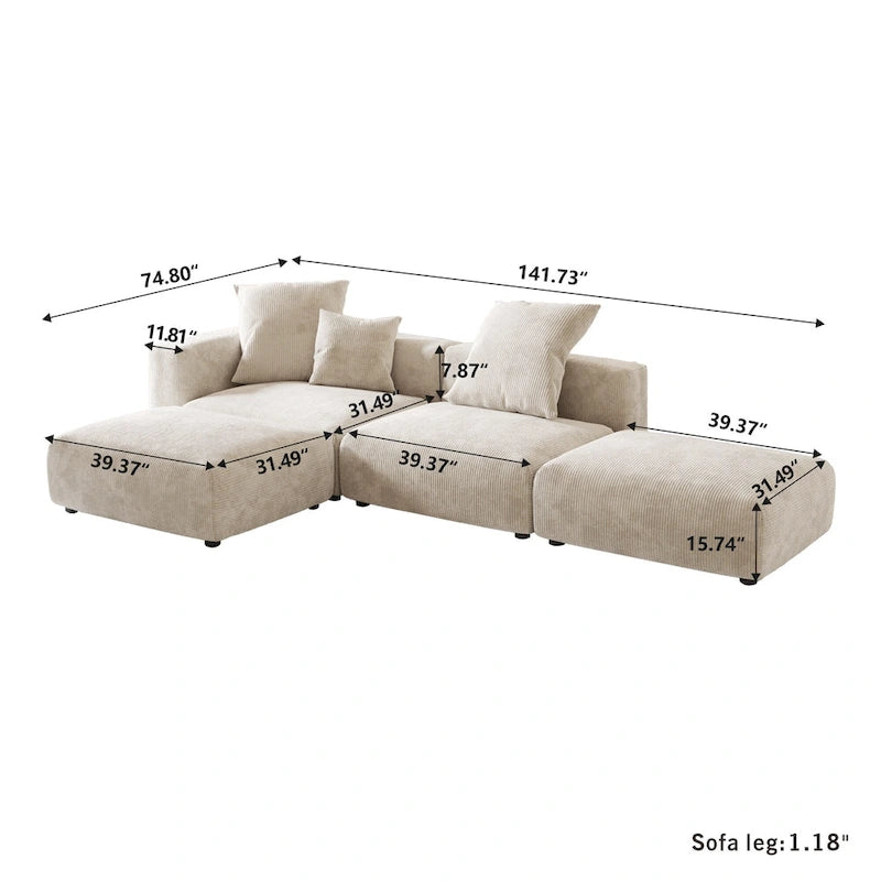 Divano Sezionale Modulare a L Rivestito in Velluto a Coste con Chaise Longue Ottomano e 3 Cuscini