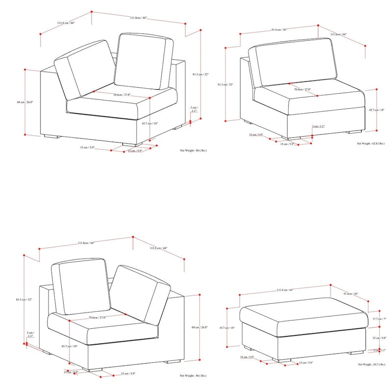 Set divano modulare a 3 posti e pouf in ciniglia vellutata e performante