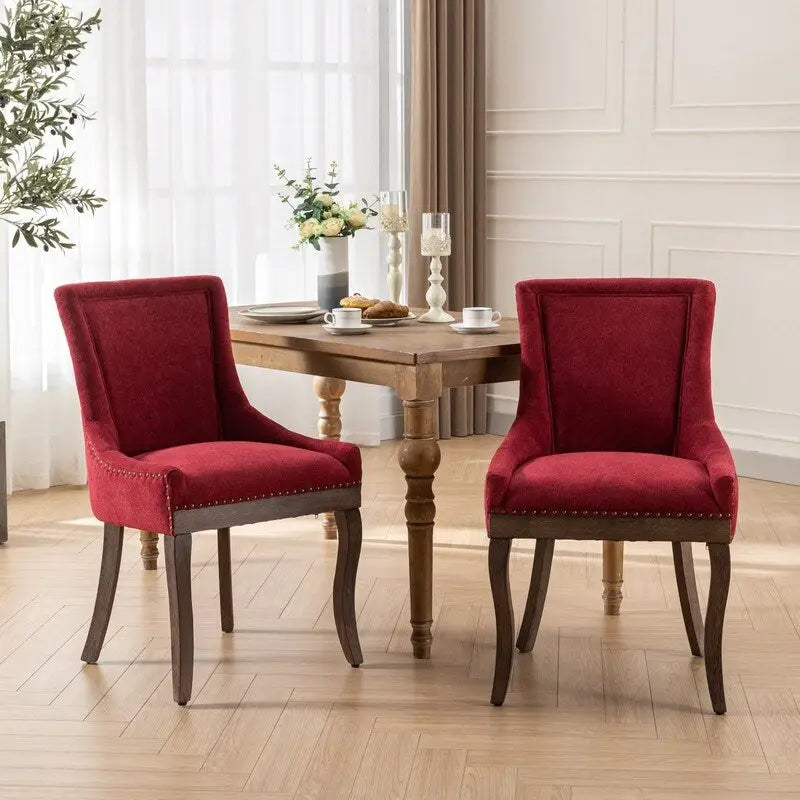 Sedie da pranzo con tessuto rinforzato e gambe in legno massello, borchie in bronzo, set da 2