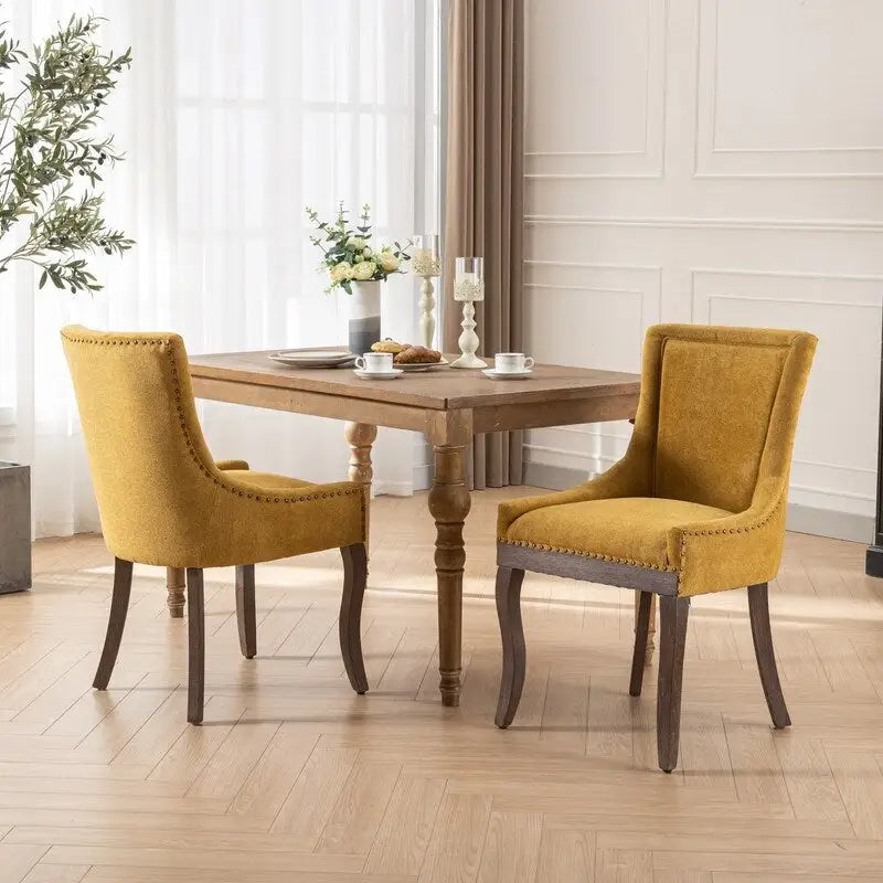 Sedie da pranzo con tessuto rinforzato e gambe in legno massello, borchie in bronzo, set da 2