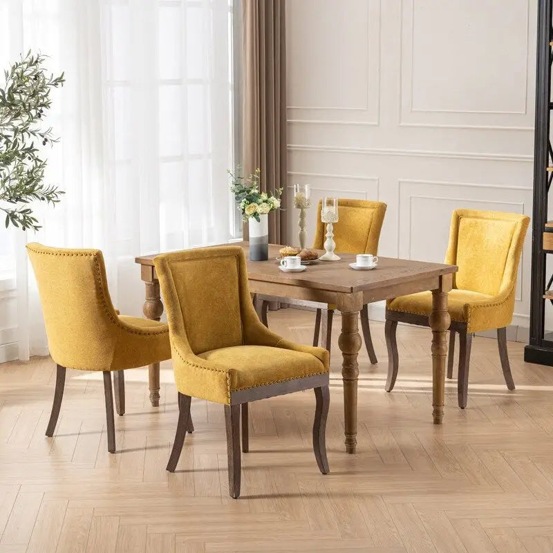 Sedie da pranzo con tessuto rinforzato e gambe in legno massello, borchie in bronzo, set da 2