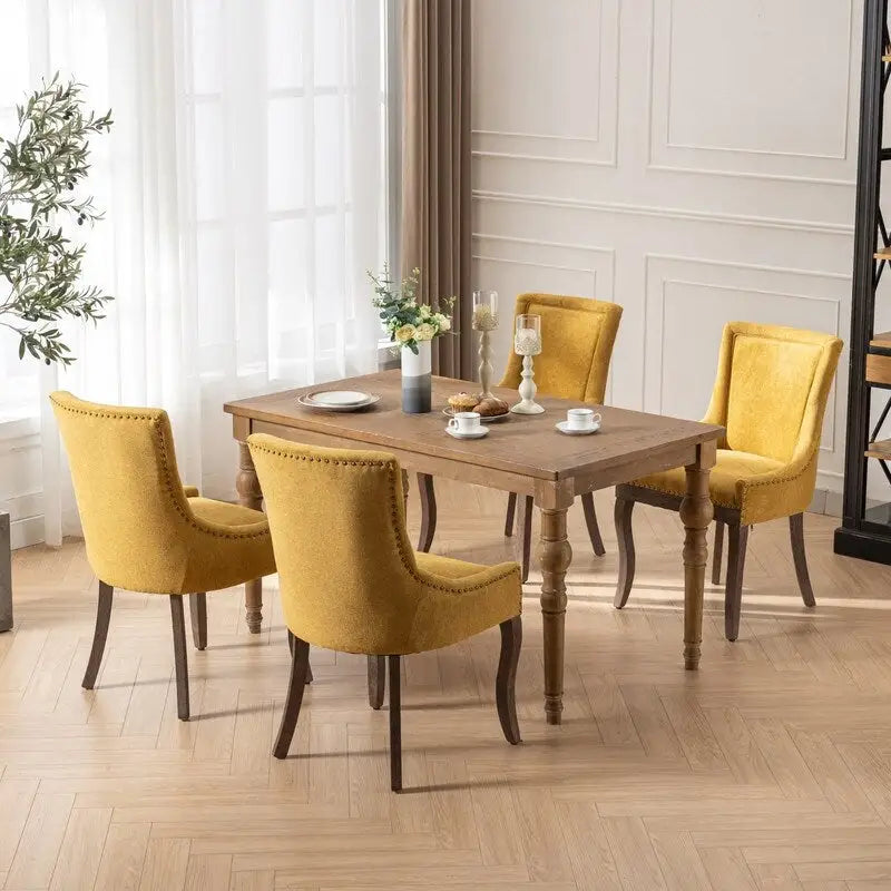 Sedie da pranzo con tessuto rinforzato e gambe in legno massello, borchie in bronzo, set da 2