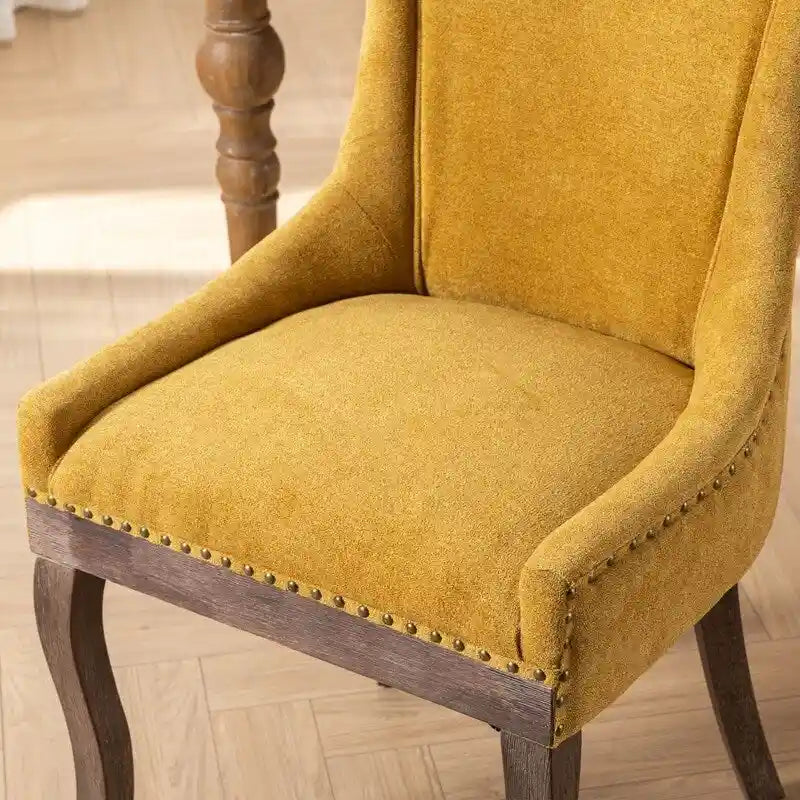 Sedie da pranzo con tessuto rinforzato e gambe in legno massello, borchie in bronzo, set da 2