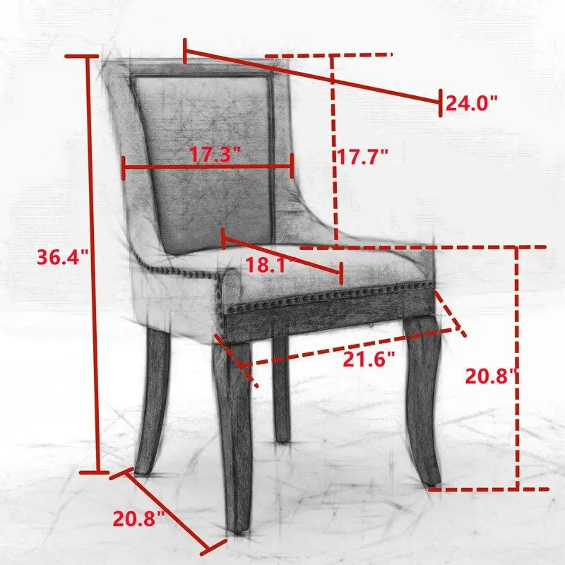 Sedie da pranzo con tessuto rinforzato e gambe in legno massello, borchie in bronzo, set da 2