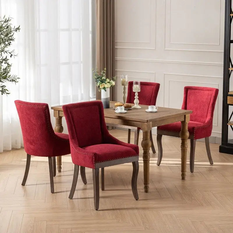 Sedie da pranzo con tessuto rinforzato e gambe in legno massello, borchie in bronzo, set da 2