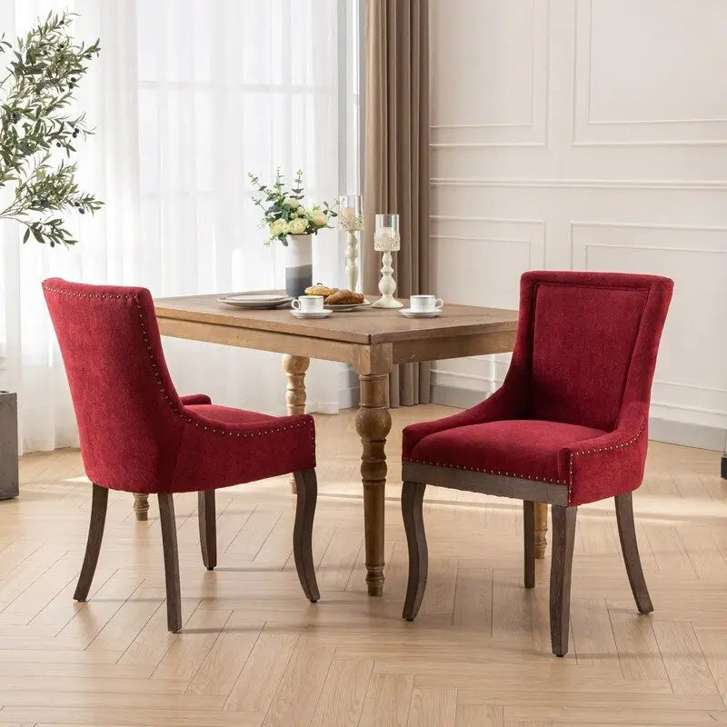 Sedie da pranzo con tessuto rinforzato e gambe in legno massello, borchie in bronzo, set da 2