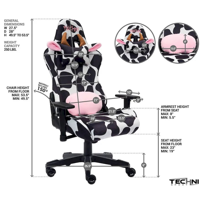 Sedia da gaming regolabile con stampa mucca, ergonomica, stile racing, per ufficio e casa