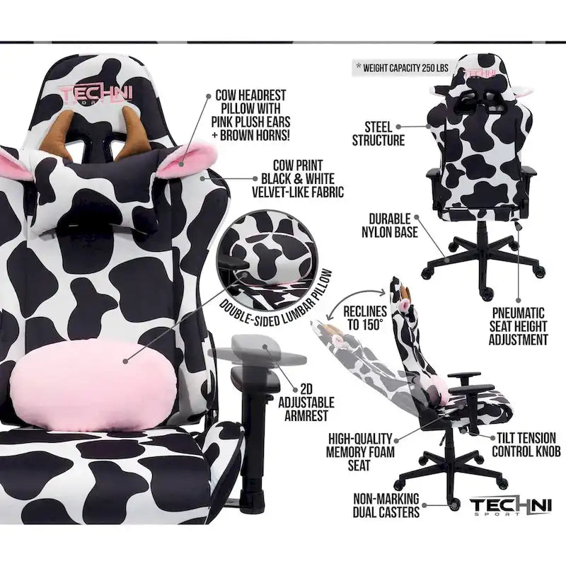 Sedia da gaming regolabile con stampa mucca, ergonomica, stile racing, per ufficio e casa