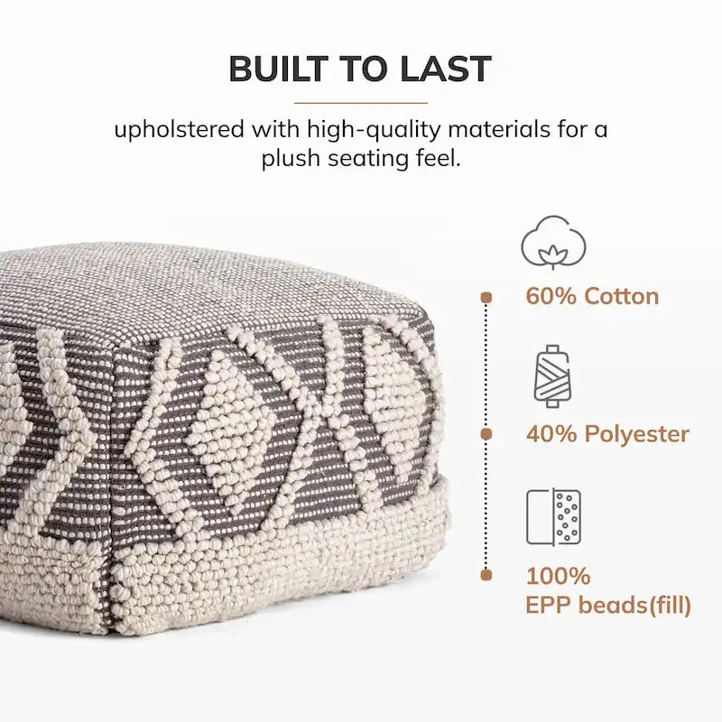Pouf Ottomano Quadrato Fatto a Mano 55x55x40 cm Grigio Avorio Poggiapiedi Soggiorno