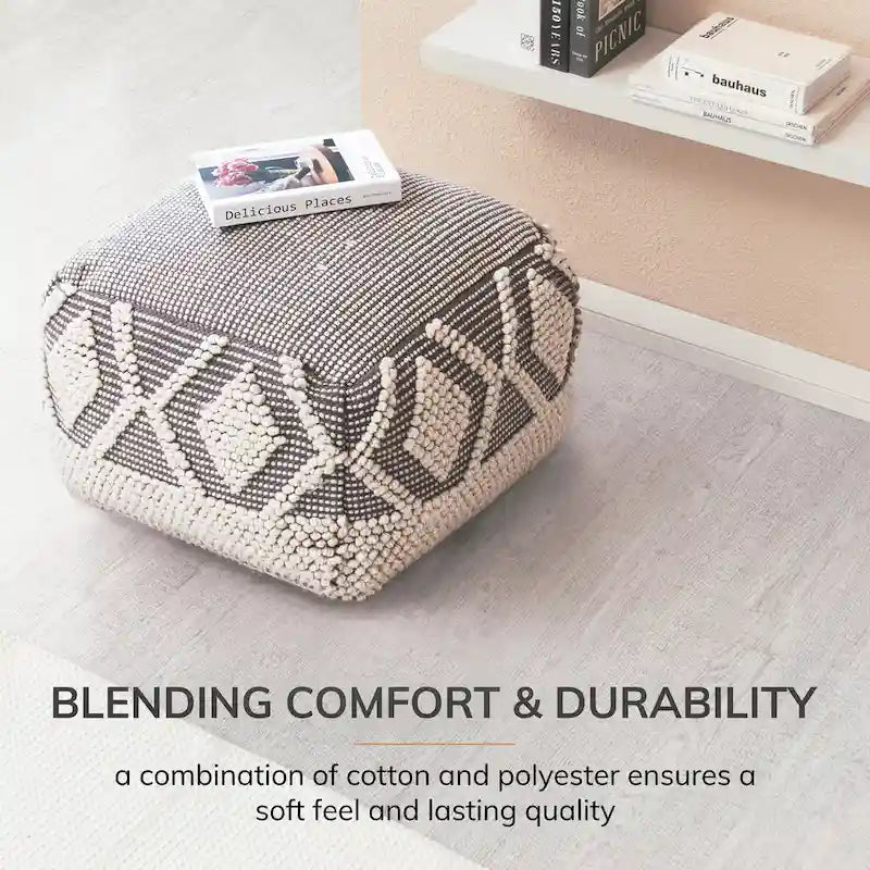 Pouf Ottomano Quadrato Fatto a Mano 55x55x40 cm Grigio Avorio Poggiapiedi Soggiorno