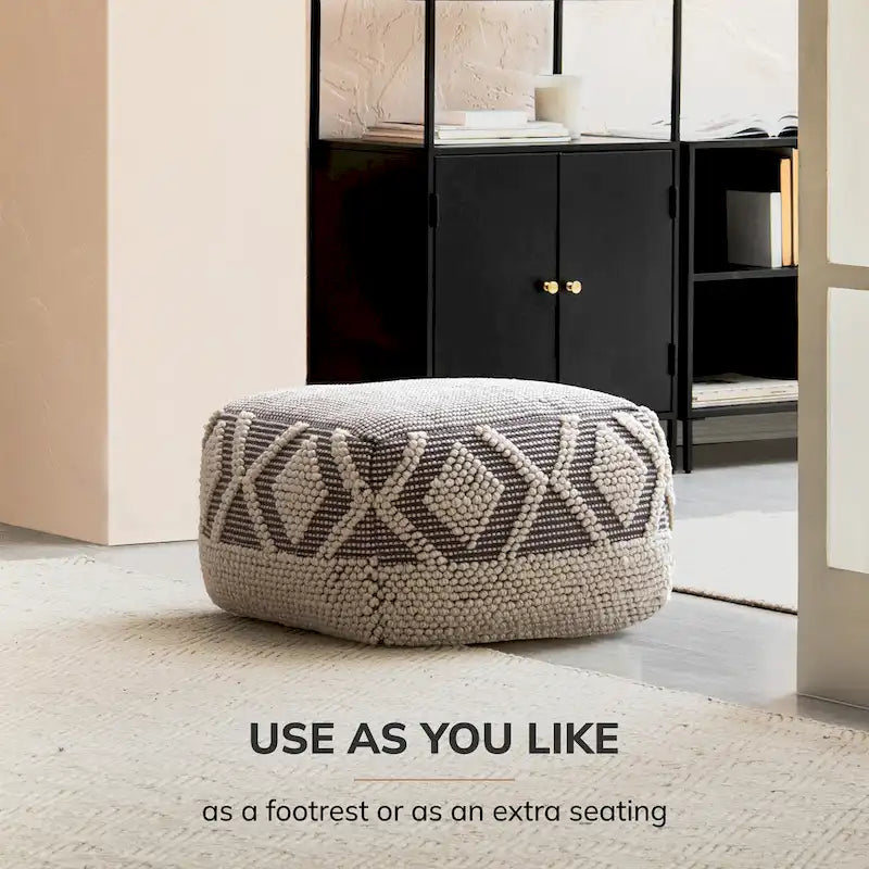 Pouf Ottomano Quadrato Fatto a Mano 55x55x40 cm Grigio Avorio Poggiapiedi Soggiorno